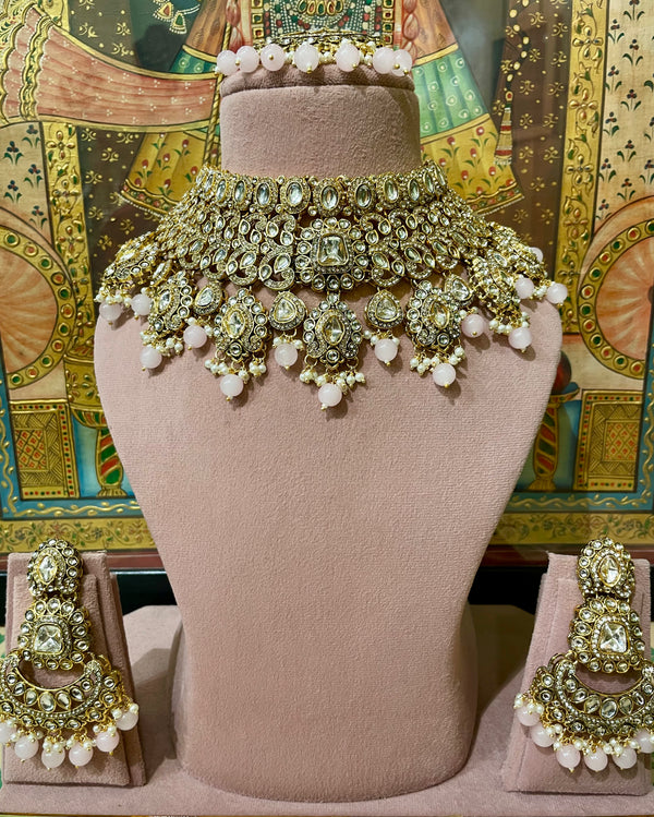SOFT PINK GOLD PLATED JODHA KUNDAN BRIDAL SET