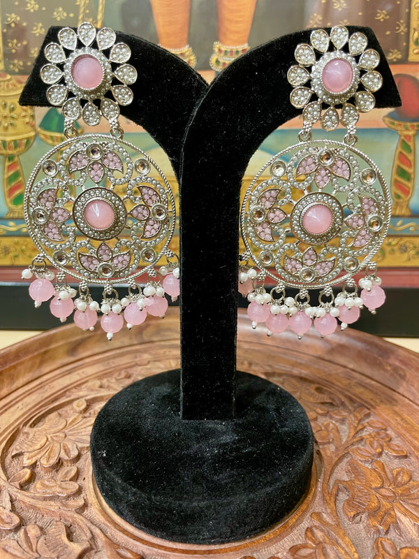PINK SILVER TONED ROUND CHANDBALI DESIGNER EARRINGS