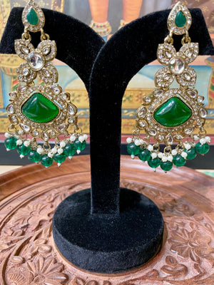 GREEN MONALISA STONE KUNDAN MOISSANITE DANGLER EARRINGS