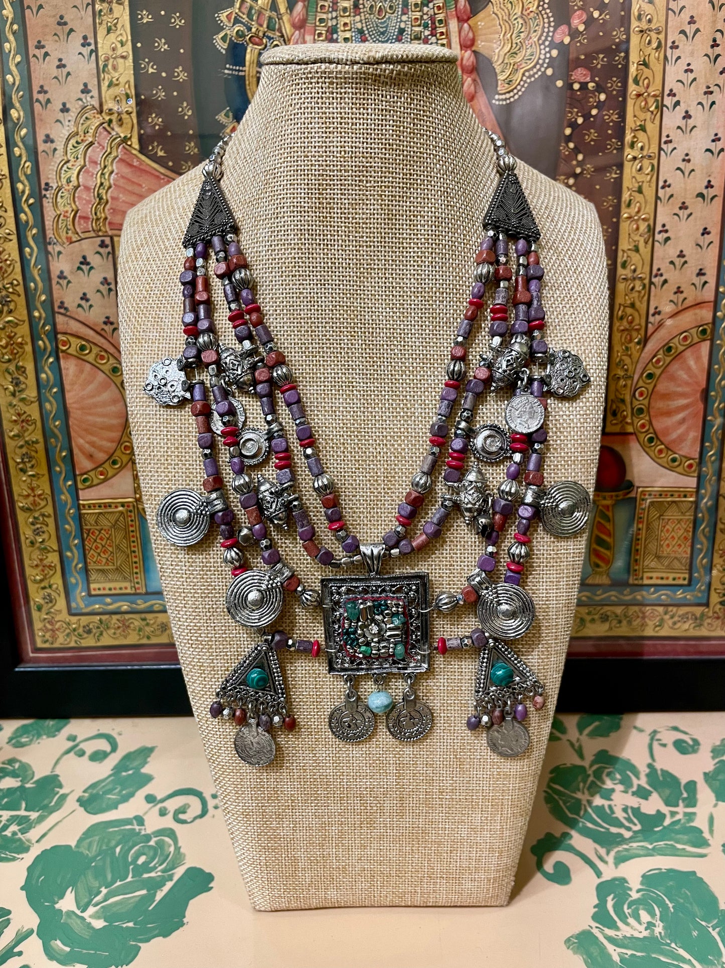 TRIBAL OXIDISED SILVER SEMI PRECIOUS STONES DESIGNER NECKLACE