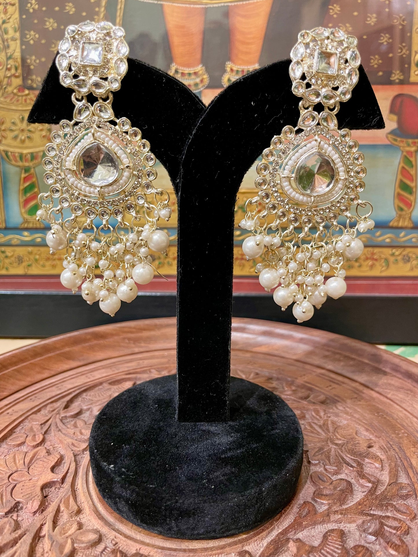 IVORY WHITE POLKI KUNDAN ETHNIC DANGLER EARRINGS