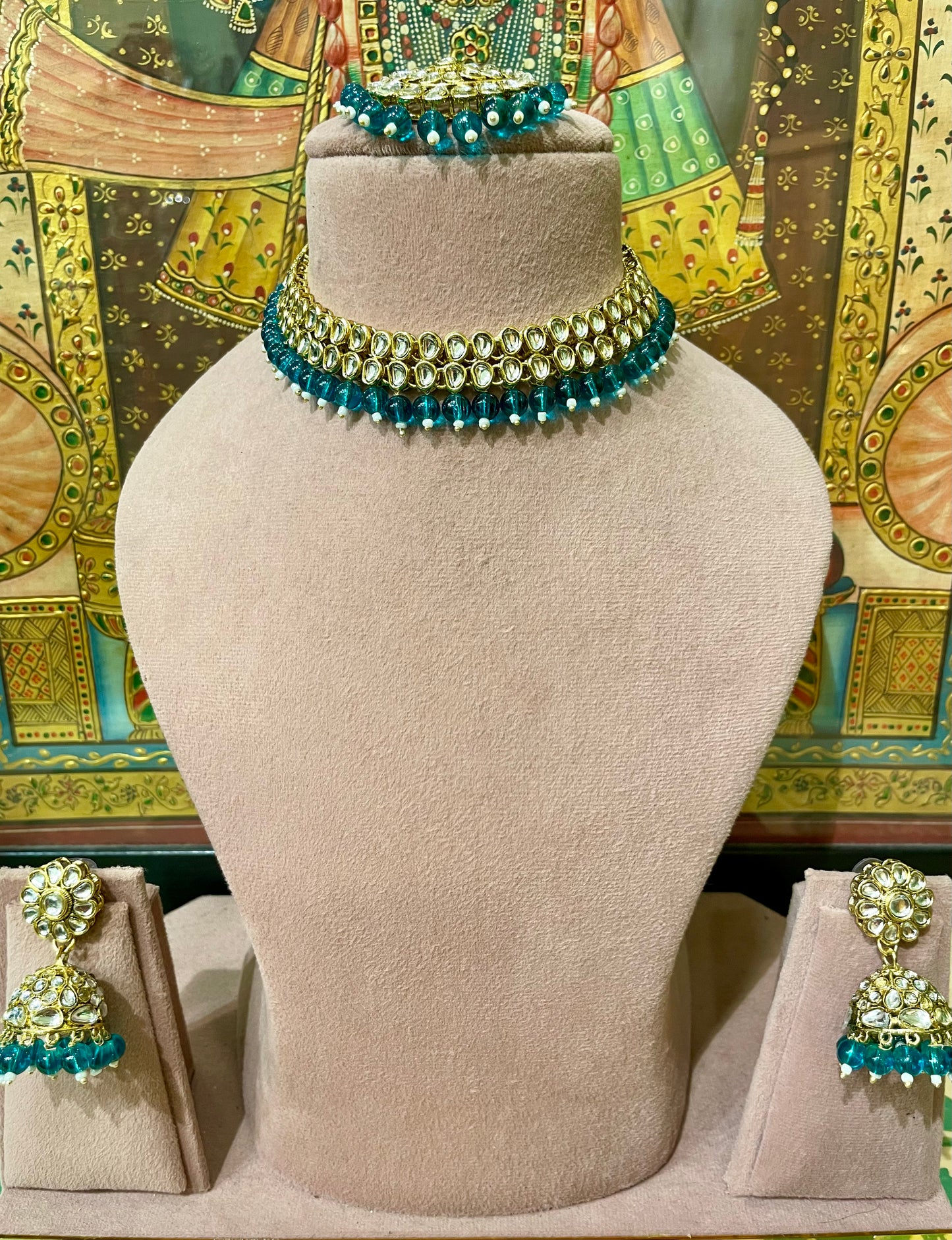 TEAL GREEN KUNDAN CHOKER NECKLACE SET