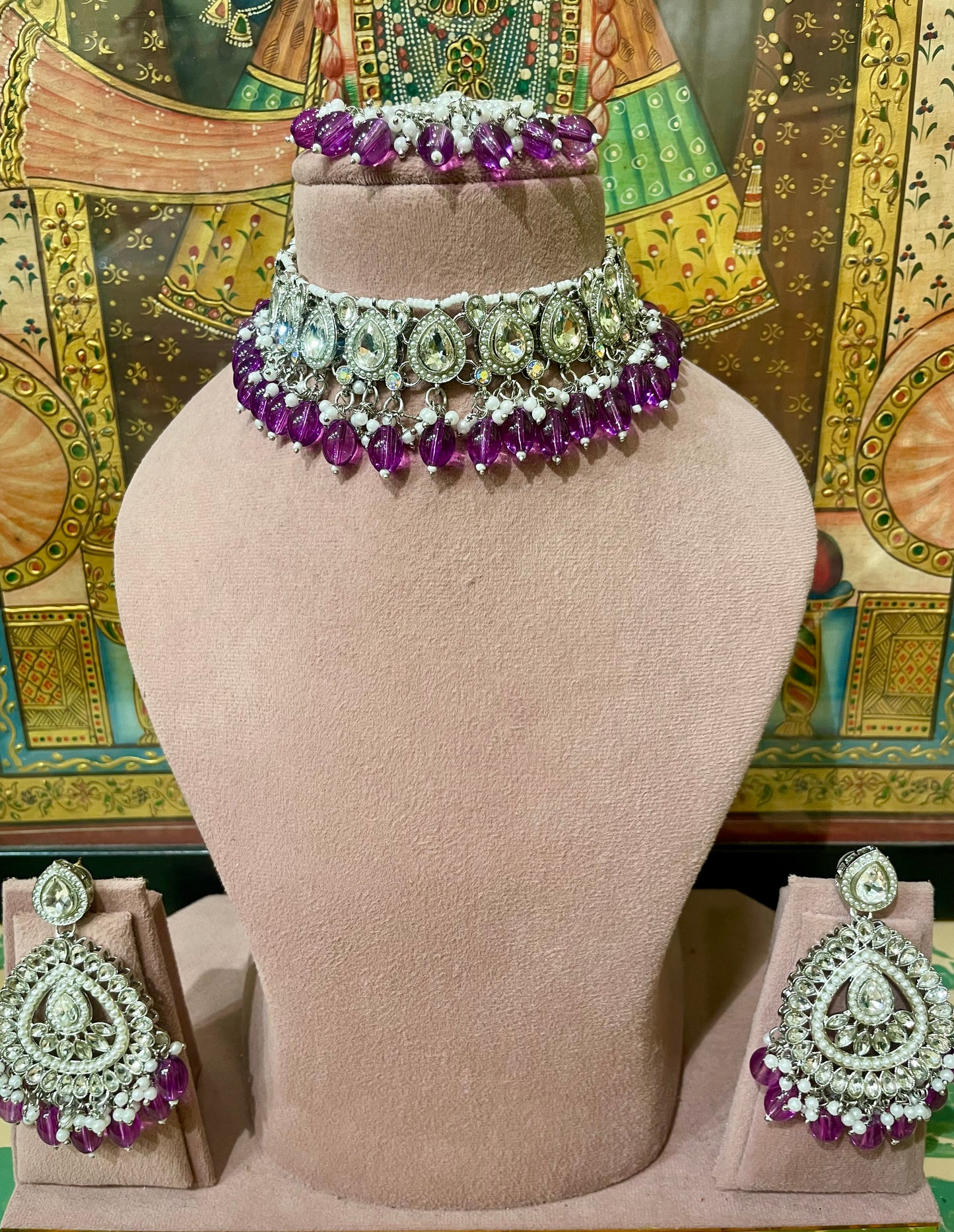 PURPLE SILVER TONED DESIGNER CHOKER NECKLACE SET