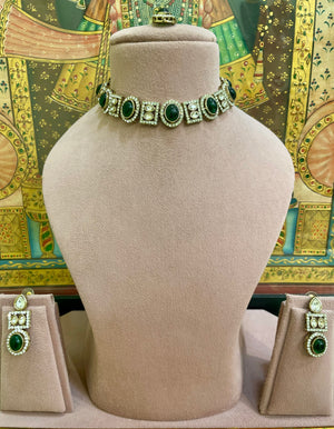 GREEN KUNDAN MOISSANITE REGAL NECKLACE SET