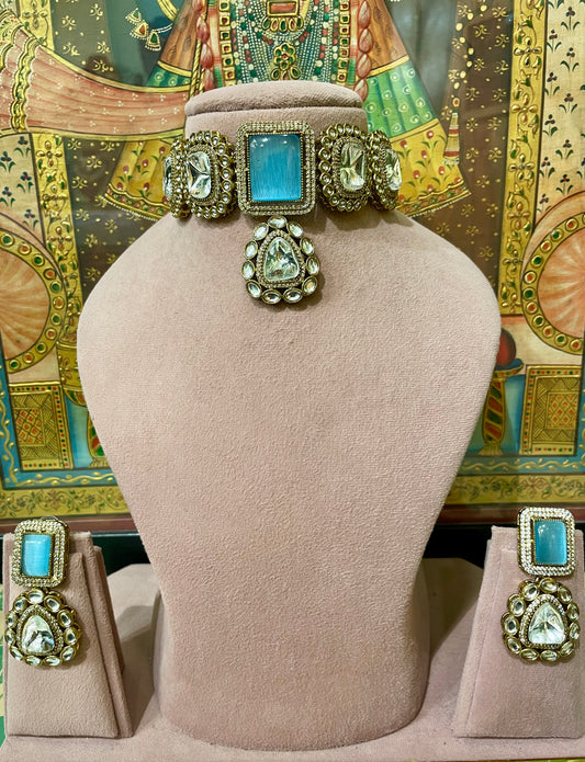 BLUE MONALISA STONE KUNDAN NIZAM CHOKER NECKLACE SET