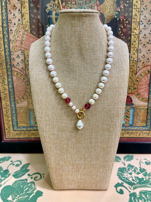 RUBY CULTURED PEARL DESIGNER CHARM NECKLACE