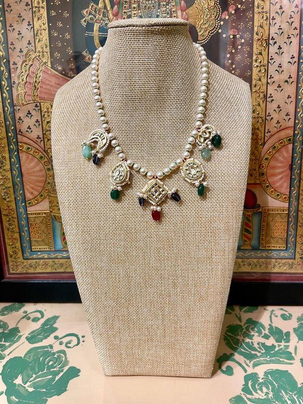 MEENA KUNDAN SEMI PRECIOUS STONES PEARL NECKLACE