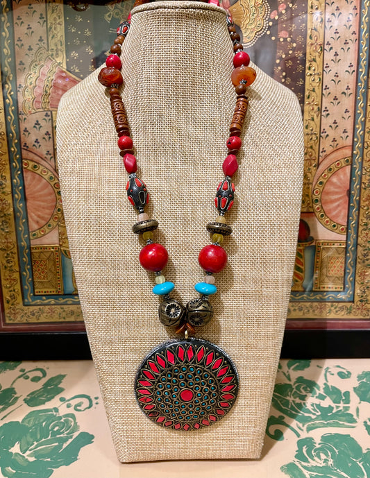 TRIBAL PENDANT SEMI PRECIOUS MULTI STONES LONG NECKLACE (RED)