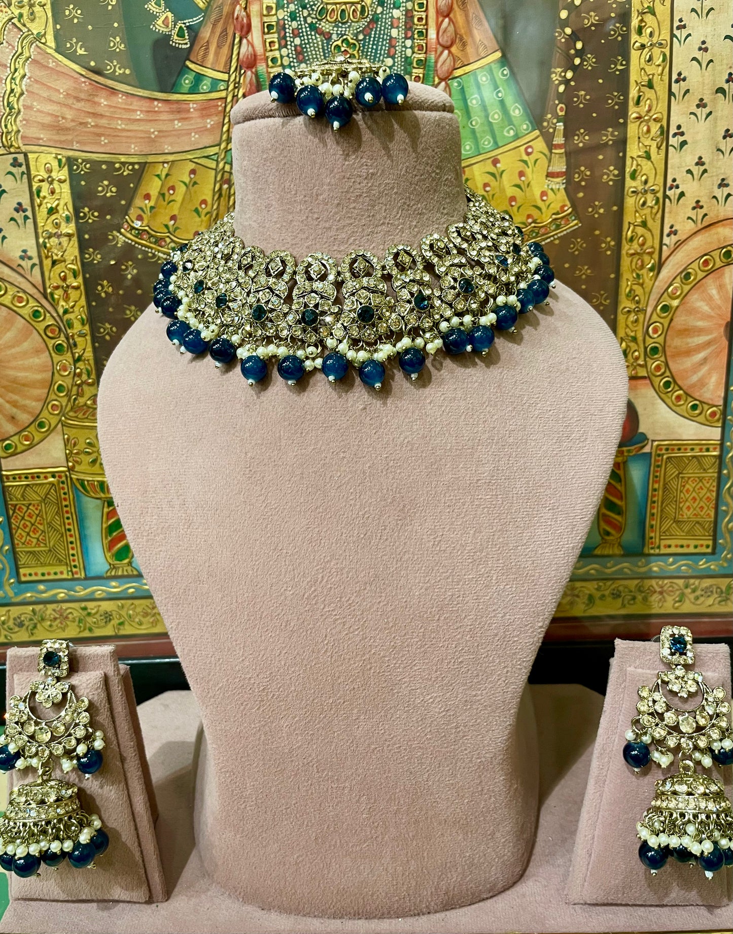 DARK BLUE GOLD TONED DESIGNER BRIDAL SET