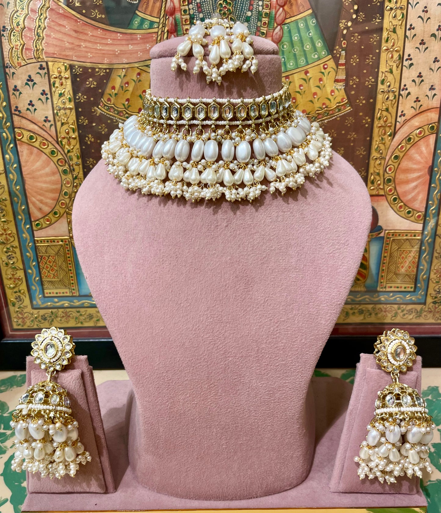 IVORY WHITE KUNDAN PEARL CHOKER NECKLACE SET