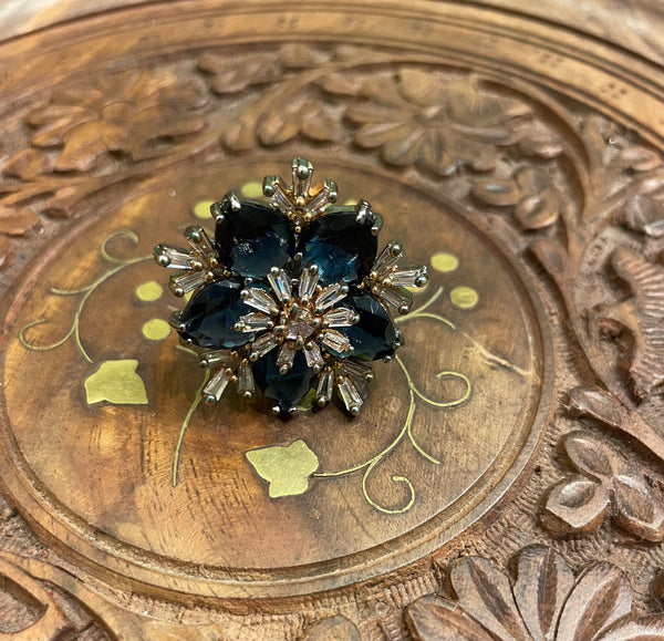 BLUE SAPPHIRE CRYSTAL COCKTAIL PARTY RING