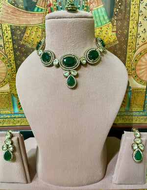 GREEN KUNDAN MOISSANITE MONALISA DESIGNER NECKLACE SET