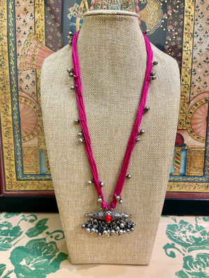 FUCHSIA THREAD & OXIDISED SILVER STATEMENT NECKLACE