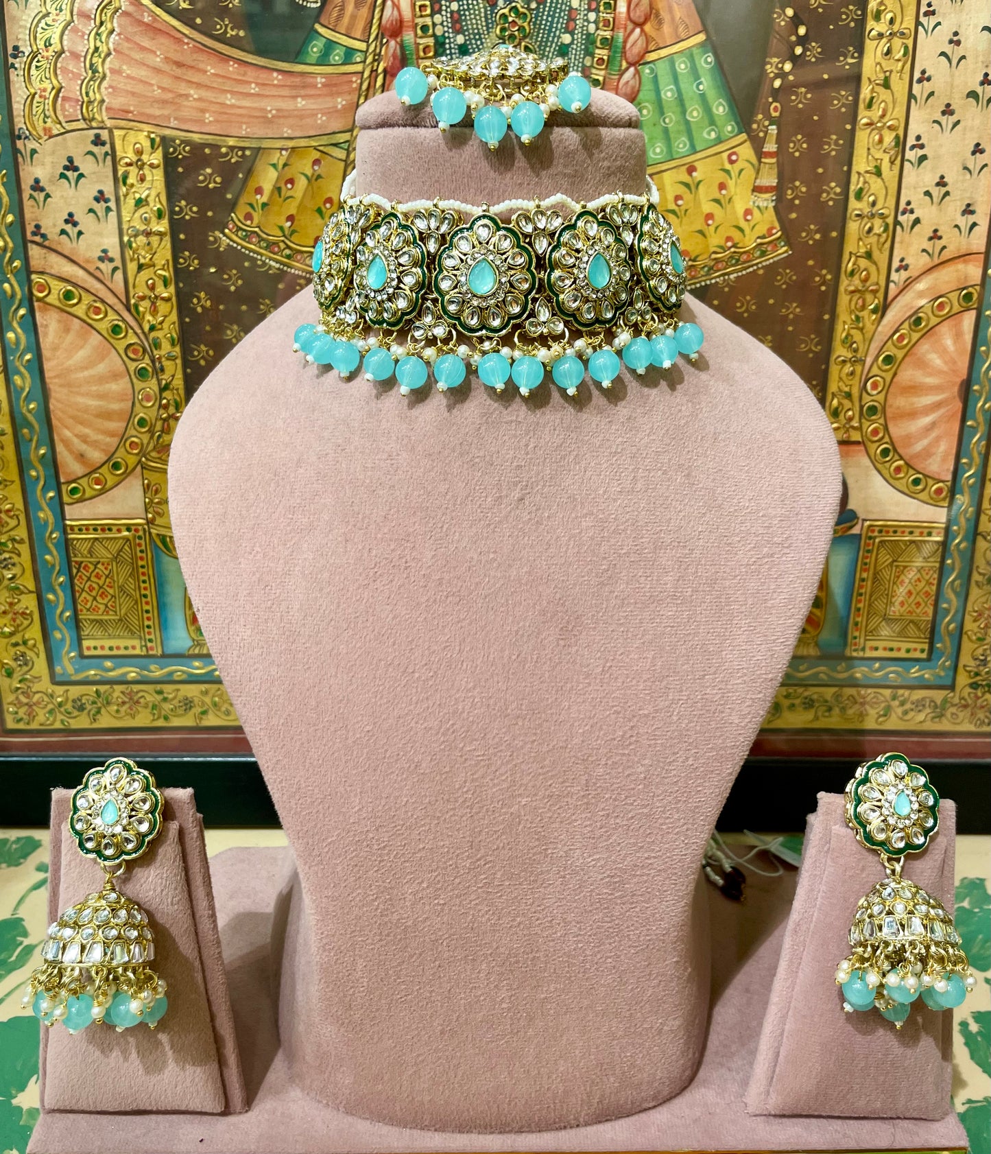 KUNDAN POLKI TURQUOISE CHOKER NECKLACE SET