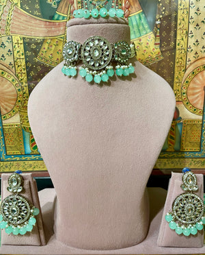 MINT GREEN KUNDAN CHOKER NECKLACE SET