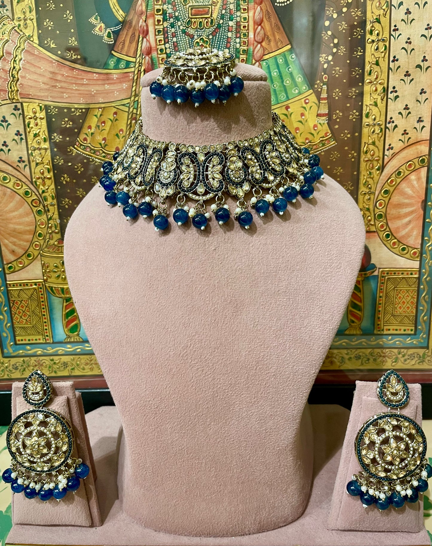 DARK BLUE GOLD TONED BRIDAL DESIGNER NECKLACE SET