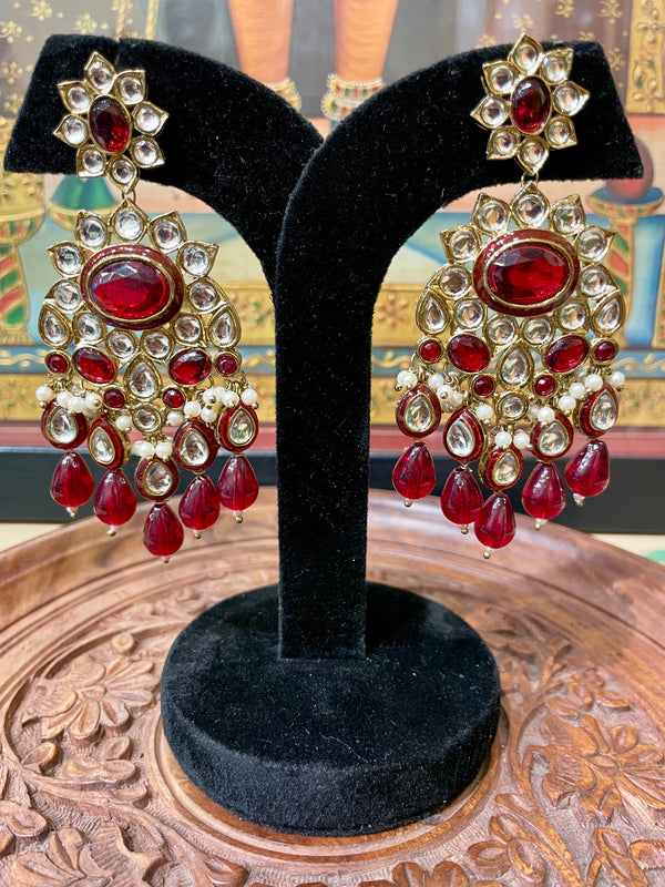 RUBY RED KUNDAN POLKI ETHNIC EARRINGS