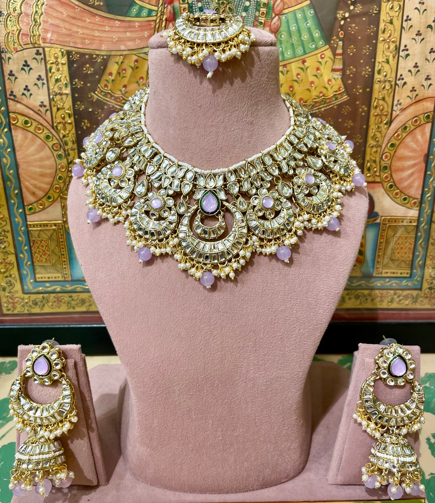 KUNDAN LAVENDER PURPLE SEMI BRIDAL NECKLACE SET