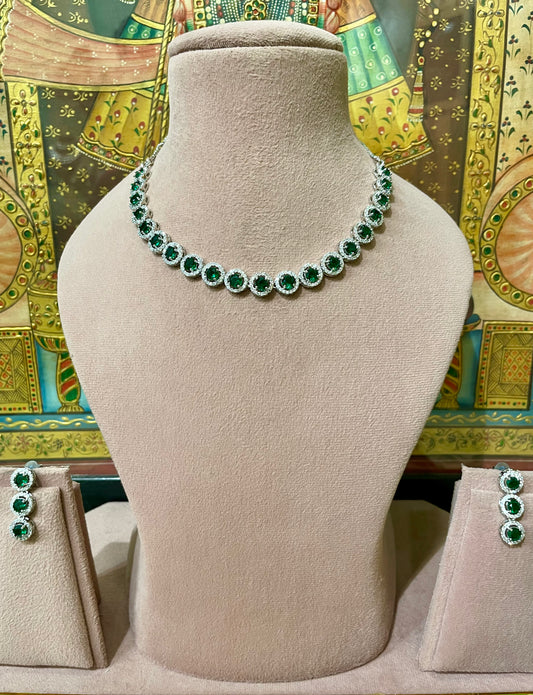 GREEN EMERALD AMERICAN DIAMOND (AD) SLEEK NECKLACE SET