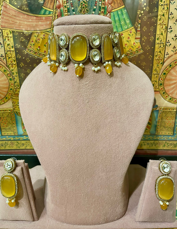 YELLOW MONALISA STONES KUNDAN DESIGNER CHOKER SET