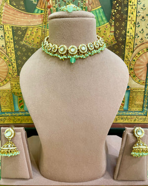 MINT GREEN KUNDAN ROUND PEARL GOLD PLATED CHOKER SET