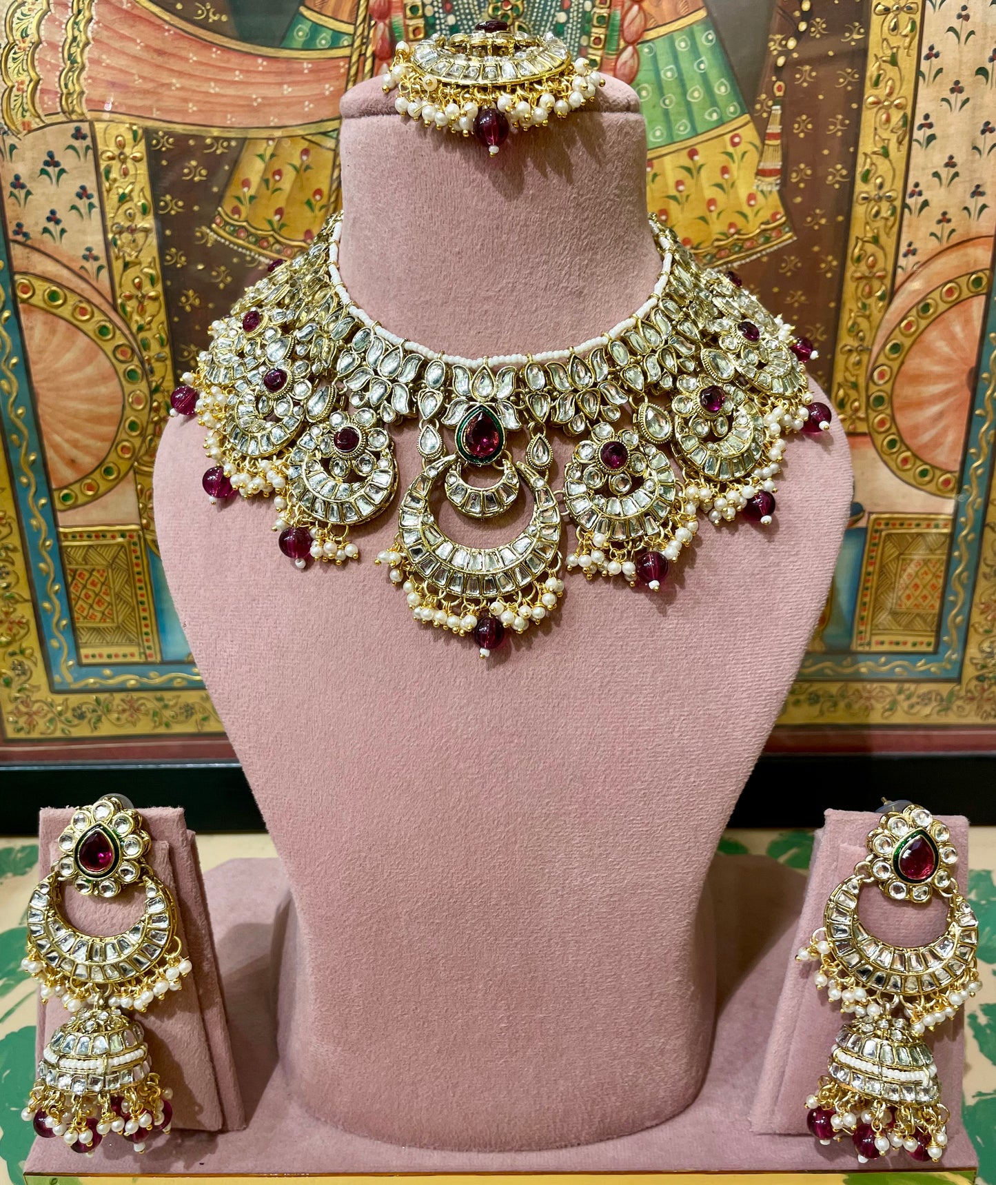 KUNDAN BURGUNDY SEMI BRIDAL NECKLACE SET