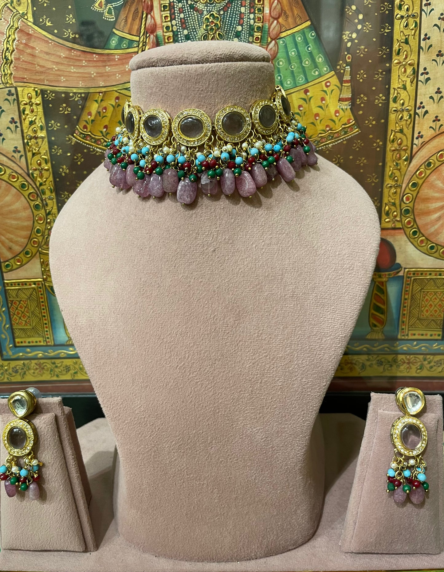 PURPLE KUNDAN SEMI PRECIOUS DROPS CHOKER SET