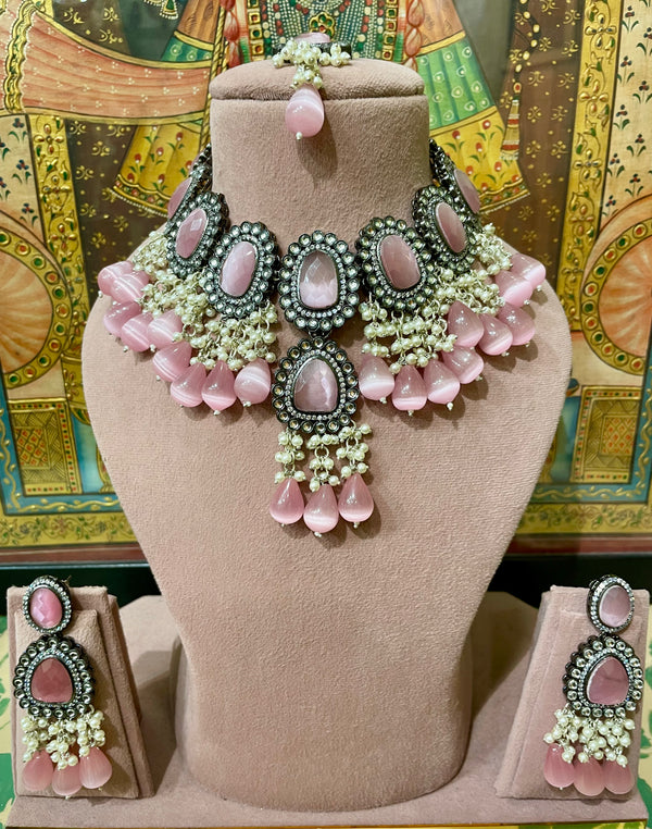 PINK MONALISA STONES POLKI BRIDAL NECKLACE SET