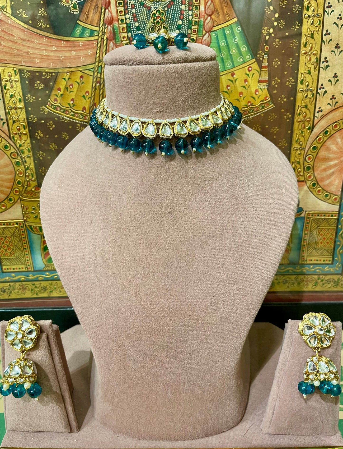 TEAL GREEN KUNDAN NECKLACE SET