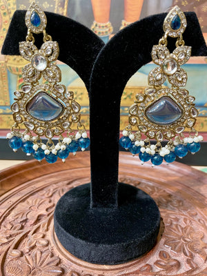 DARK BLUE MONALISA STONE KUNDAN MOISSANITE DANGLER EARRINGS
