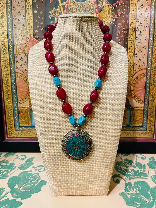 CORAL STONES & TURQUOISE WITH DESIGNER PENDANT NECKLACE