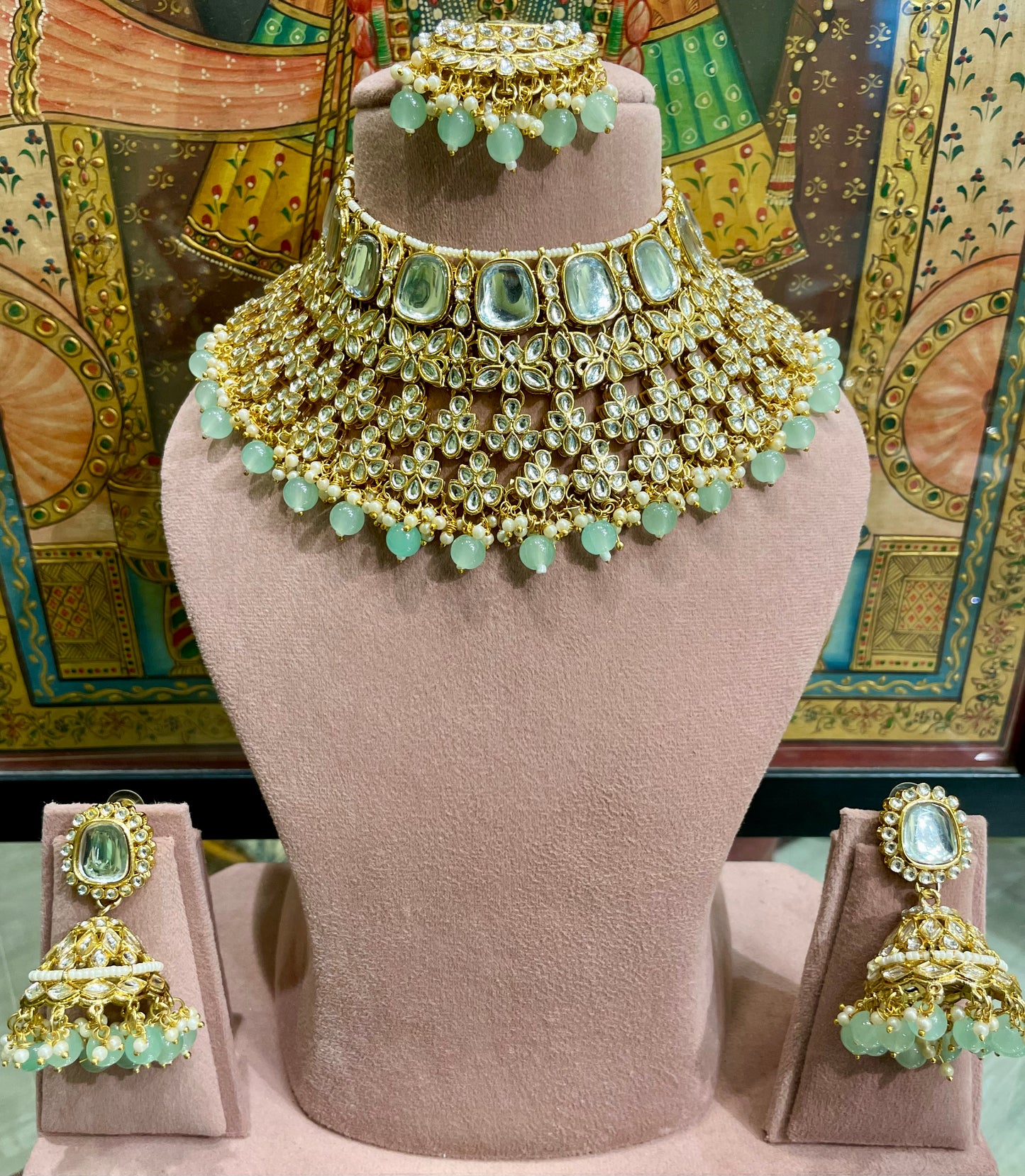 KUNDAN POLKI DESIGNER BRIDAL SET (MINT GREEN)