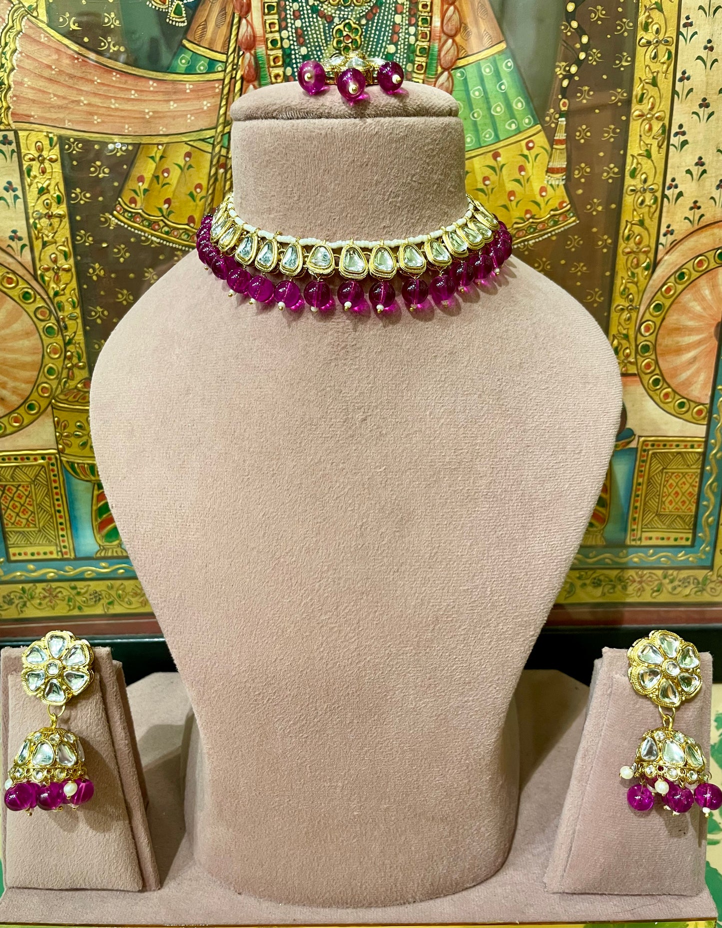 DARK PINK KUNDAN NECKLACE SET