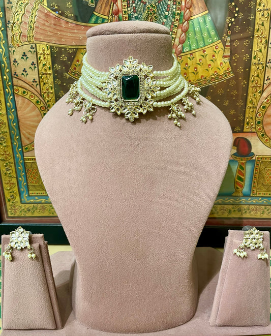 PEARL EMERALD GREEN DESIGNER CHOKER SET