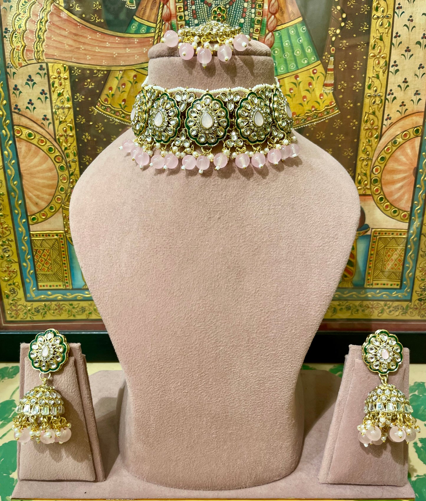 KUNDAN POLKI PINK CHOKER NECKLACE SET