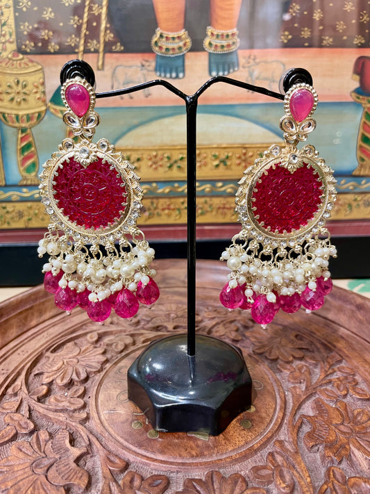 FUCHSIA PINK KUNDAN DANGLER PEARL EARRINGS