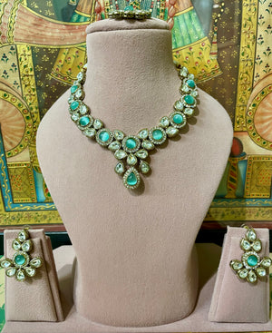 MINT GREEN KUNDAN MOISSANITE MONALISA NECKLACE SET