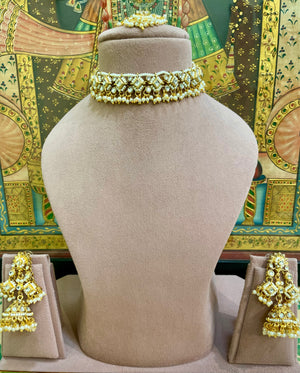 IVORY WHITE KUNDAN PEARL GOLD PLATED JHUMKA CHOKER SET