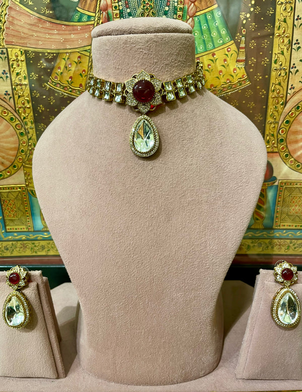 MAROON MONALISA STONE KUNDAN FLORAL LIGHT CHOKER SET