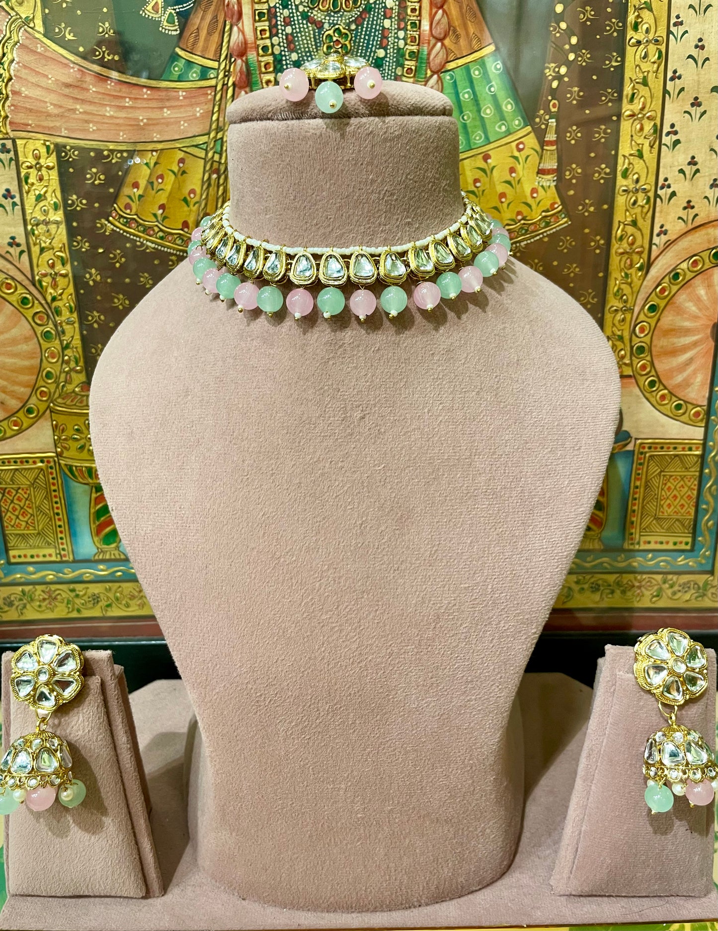 SOFT PINK & MINT GREEN KUNDAN NECKLACE SET