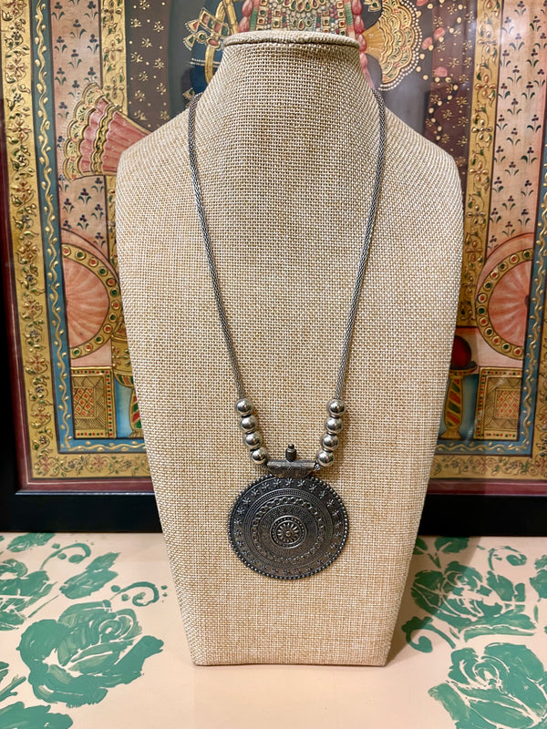 OXIDISED SILVER LONG ROUND TRIBAL PENDANT CHAIN NECKLACE