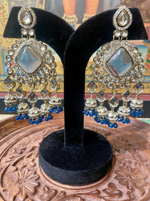 DARK BLUE KUNDAN MOISSANITE CHANDBALI  JHUMKI EARRINGS
