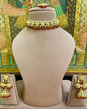 RUBY RED KUNDAN PEARL GOLD PLATED JHUMKA CHOKER SET