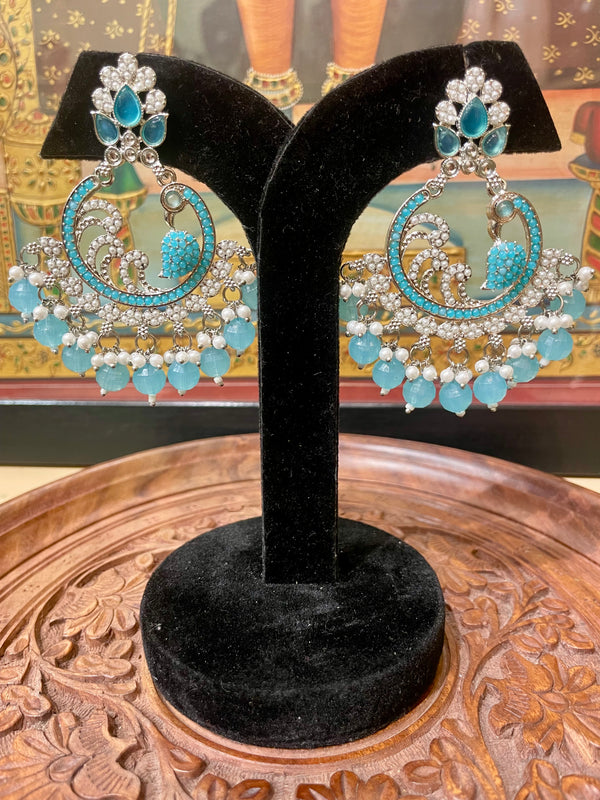 SKY BLUE SILVER TONED CHANDBALI DESIGNER EARRINGS