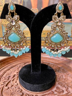 TURQUOISE BLUE MONALISA STONE KUNDAN MOISSANITE DANGLER EARRINGS