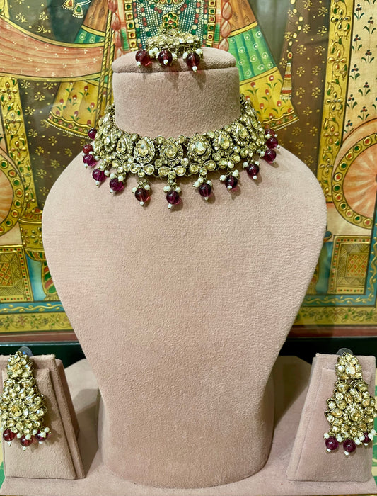 BURGUNDY GOLD TONED FLORAL CHOKER NECKLACE SET