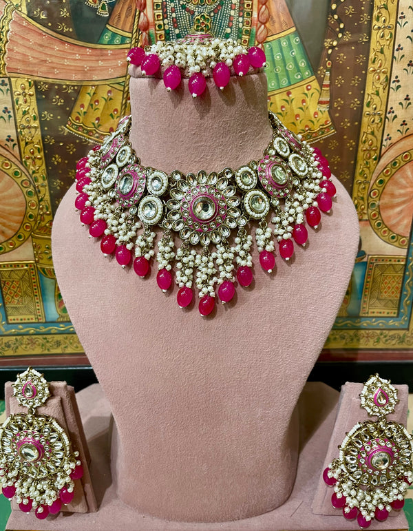VICTORIAN KUNDAN BRIDAL NECKLACE SET (DARK PINK)