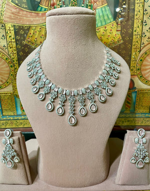 SOFT PINK ROSE QUARTZ TEARDROP AMERICAN DIAMOND (AD) NECKLACE SET