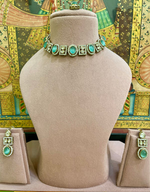 MINT GREEN KUNDAN MOISSANITE REGAL NECKLACE SET