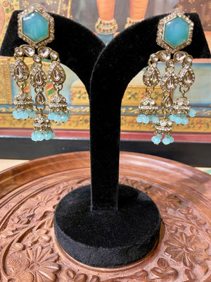 TURQUOISE BLUE MONALISA STONE KUNDAN MOISSANITE HERITAGE JHUMKI EARRINGS